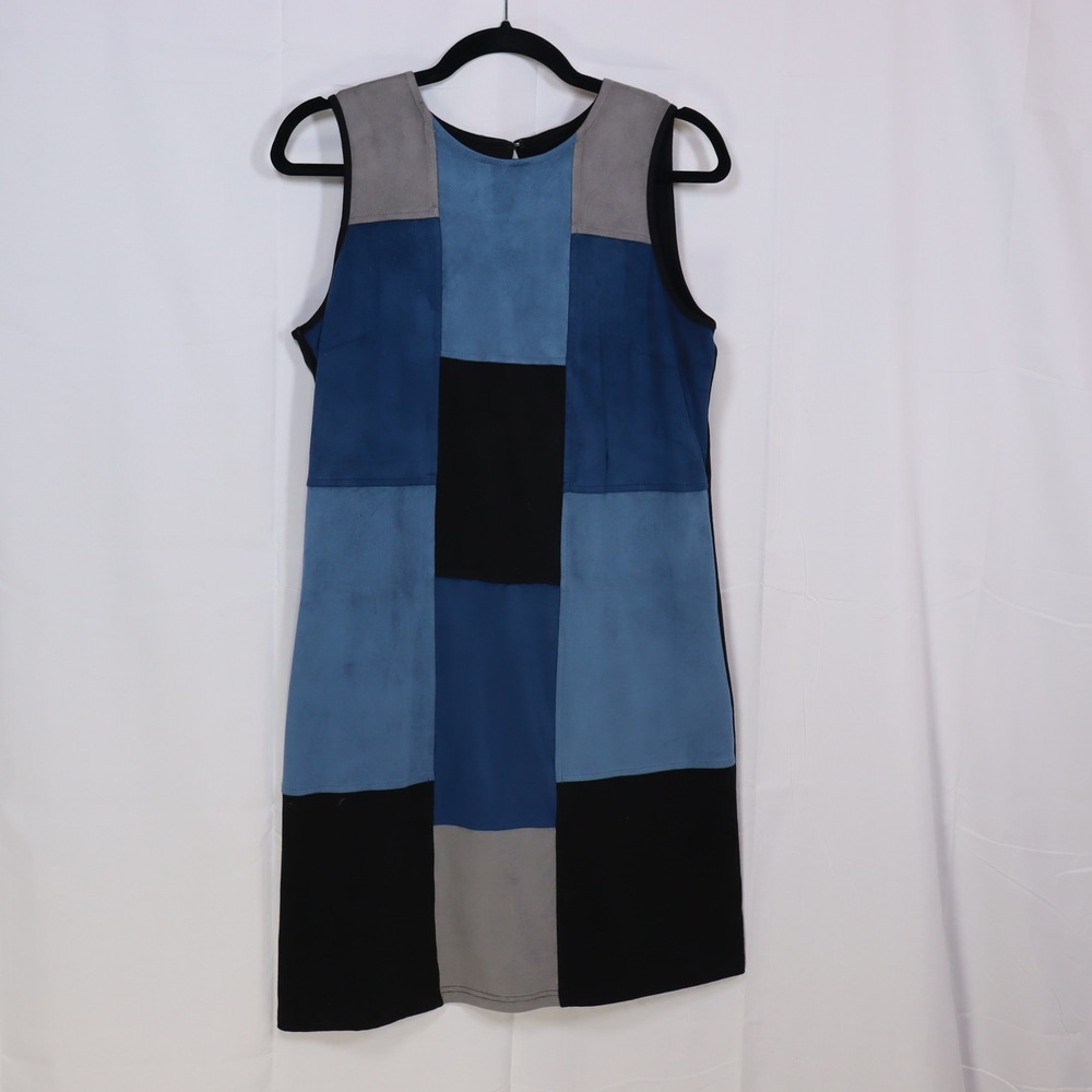 Spense Patchwork Shift Dress Womens 8 Blue Faux Suede Colorblock Sleeveless Mini